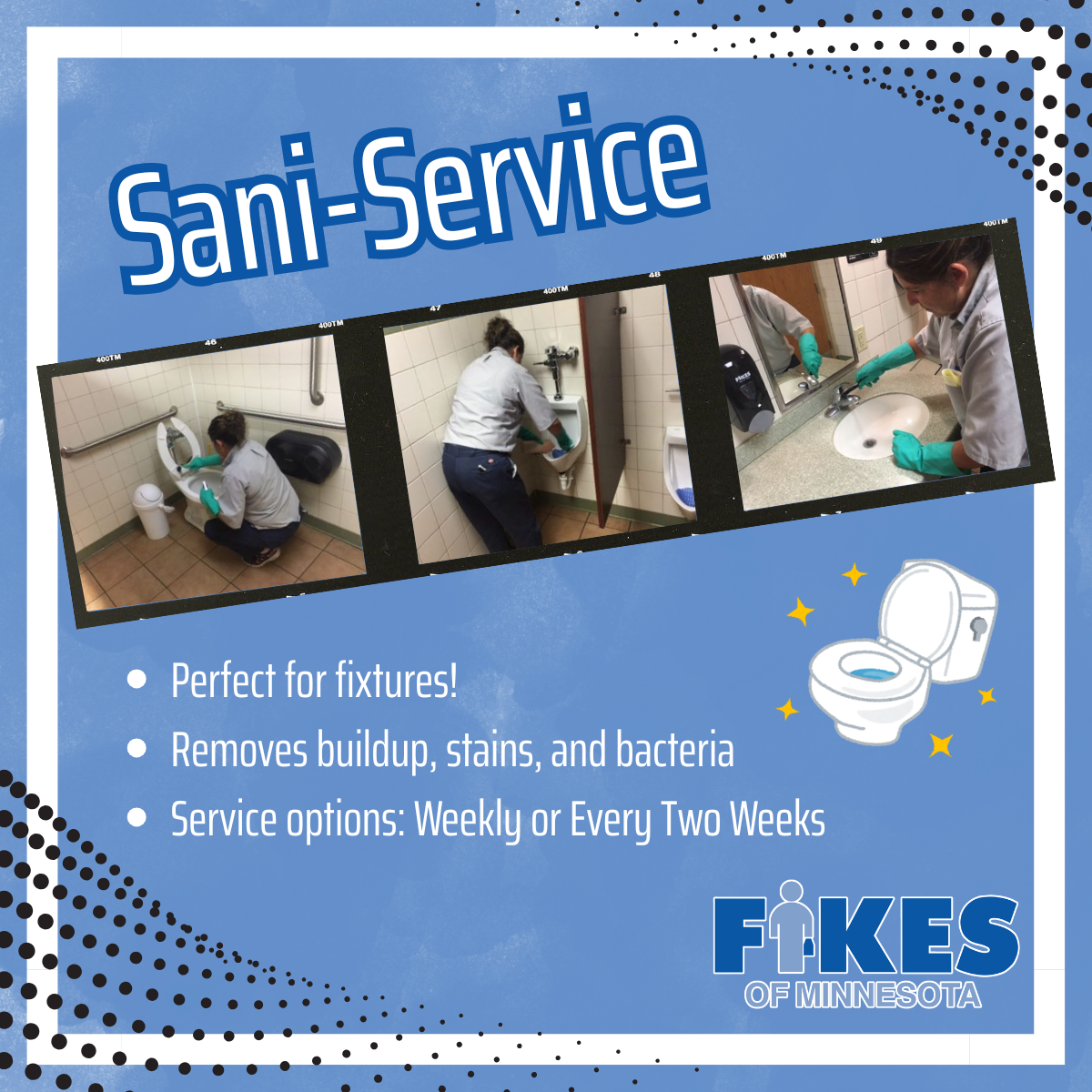 Blue flyer for Sani-Service bathroom cleaning, with photos, bullets, and toilet icon.