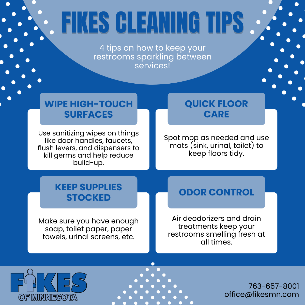 Blue Fikes cleaning tips flyer with four housekeeping tips and logo on blue dotted background
