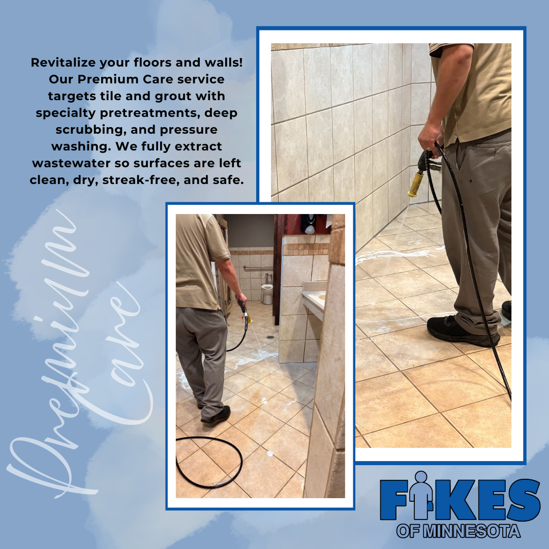Worker pressure-washing beige tile floors and walls; blue ad for professional cleaning services.