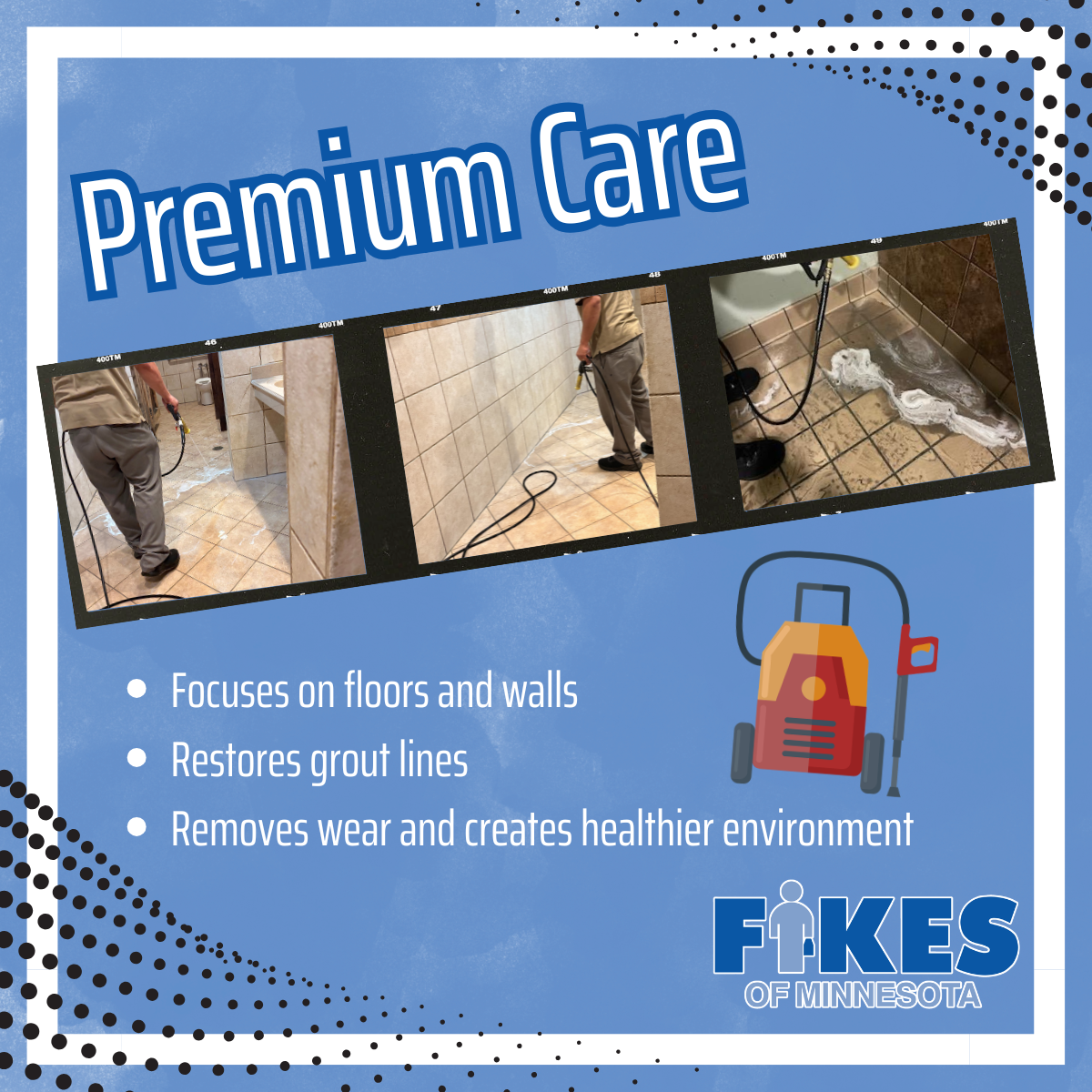 Blue ad for “Premium Care” floor and wall cleaning with a cleaning machine and bullet-point benefits.