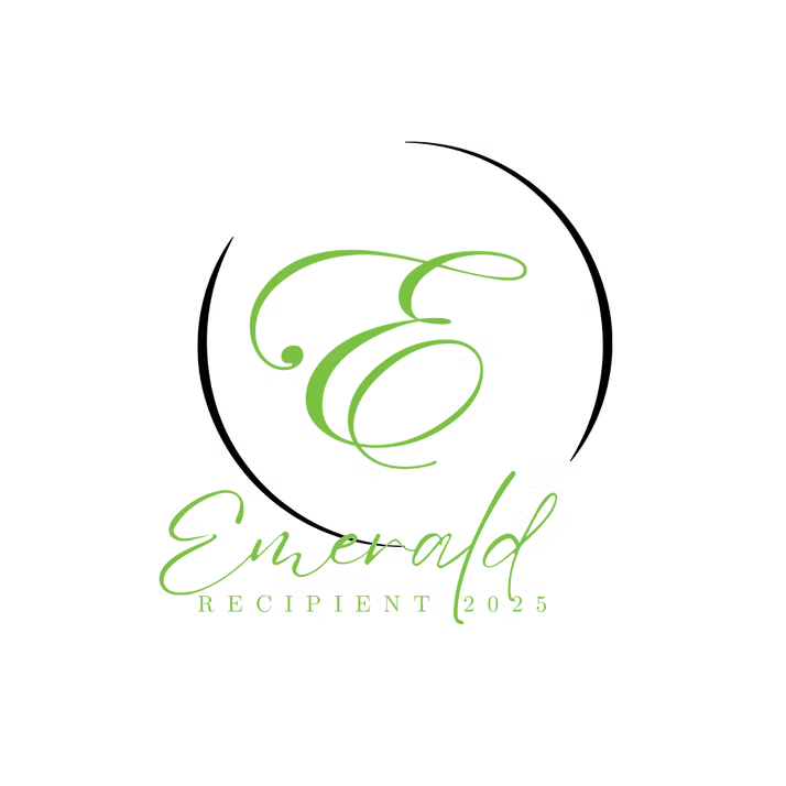 Emerald Recipient 2025 logo with green script inside a black circular line design