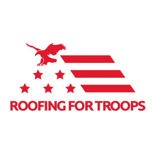 A red logo featuring a stylized eagle, five stars, and three horizontal bars above the text ROOFING FOR TROOPS.