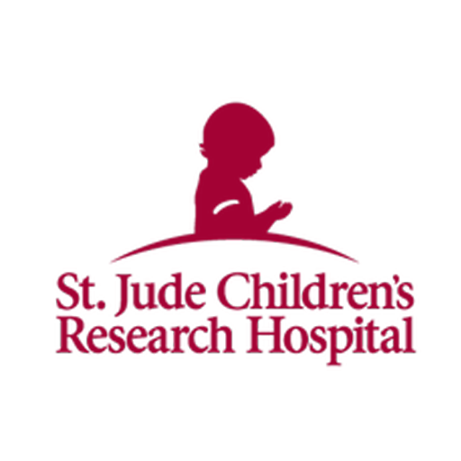 The St. Jude Children’s Research Hospital logo features a maroon silhouette of a child praying above the hospital name.
