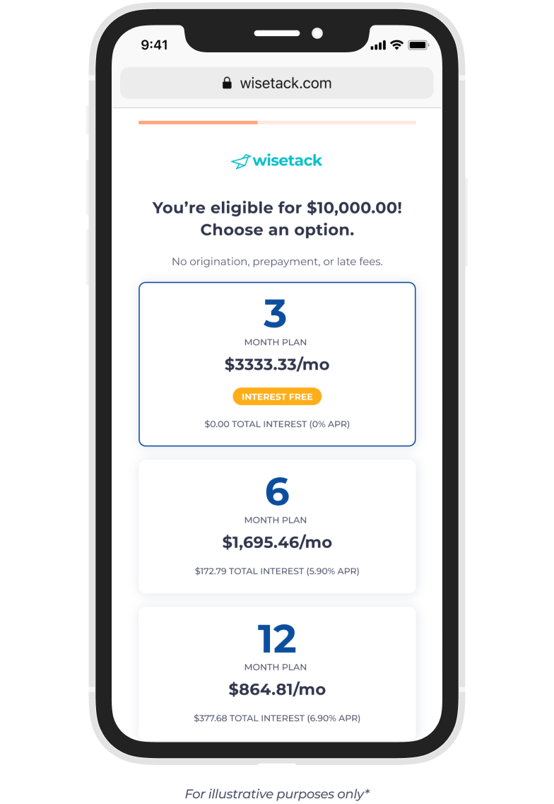 Vestlab app screen showing a loan offer choice with 3, 6, and 12 month options on a phone.