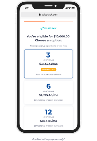 Vestlab app screen showing a loan offer choice with 3, 6, and 12 month options on a phone.