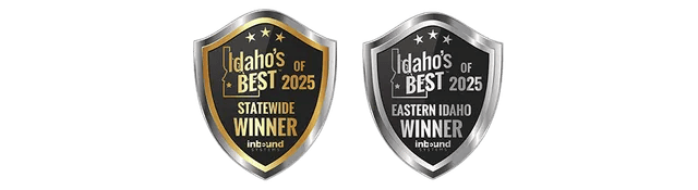 Two award badges display Idaho's Best with Statewide Winner in gold and  Eastern Idaho Winner in silver.