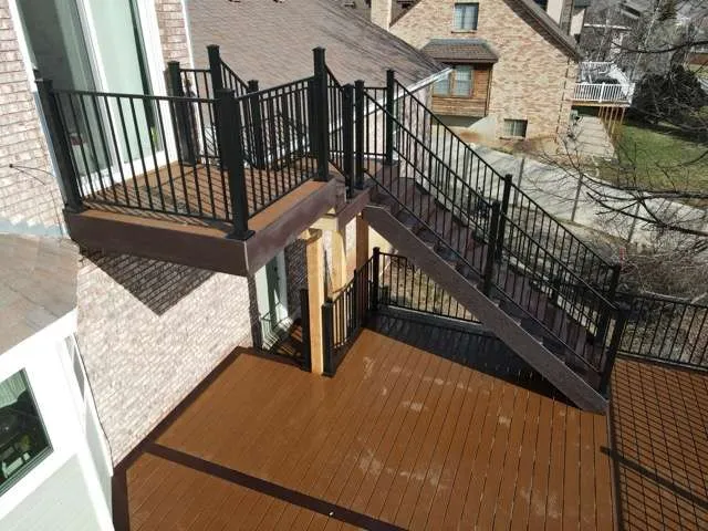 An aerial view of a deck with stairs leading up to it.