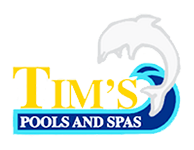 A logo for tim 's pools and spas with a dolphin