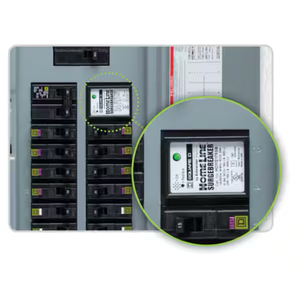 A circuit breaker panel with a surge protector installed. Green light visible on surge protector.