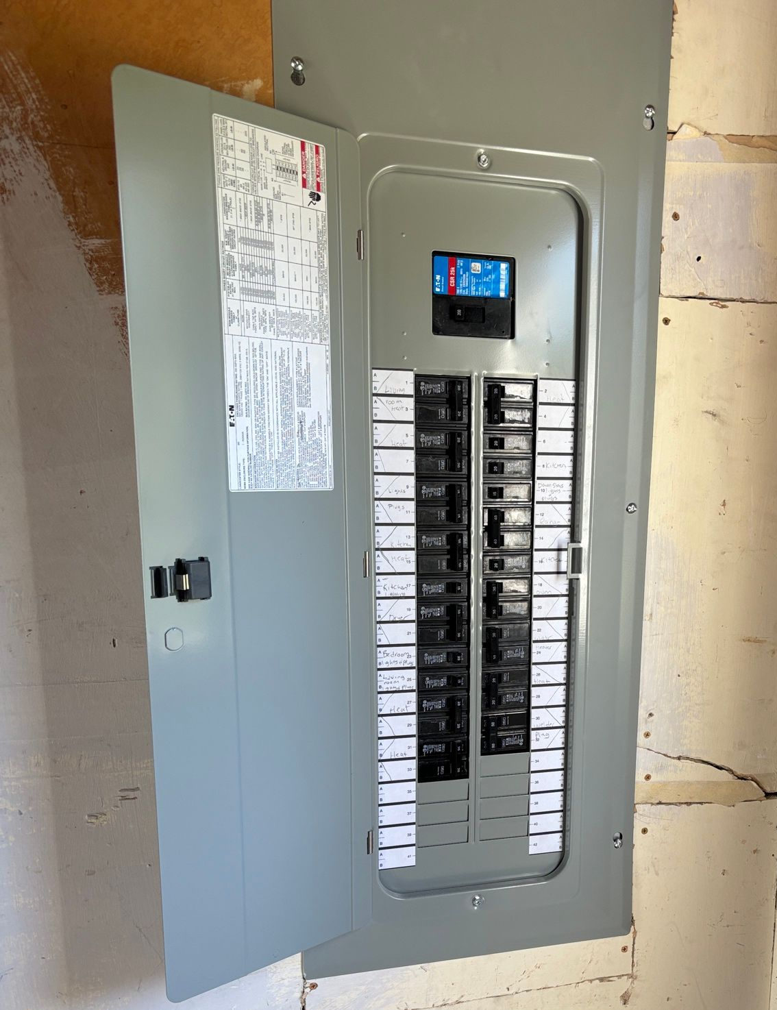 Gray electrical panel with open door, breakers visible. Mounted on a beige wall.