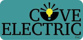Logo for Cove Electric, Inc. featuring a yellow light bulb icon replacing the letter 