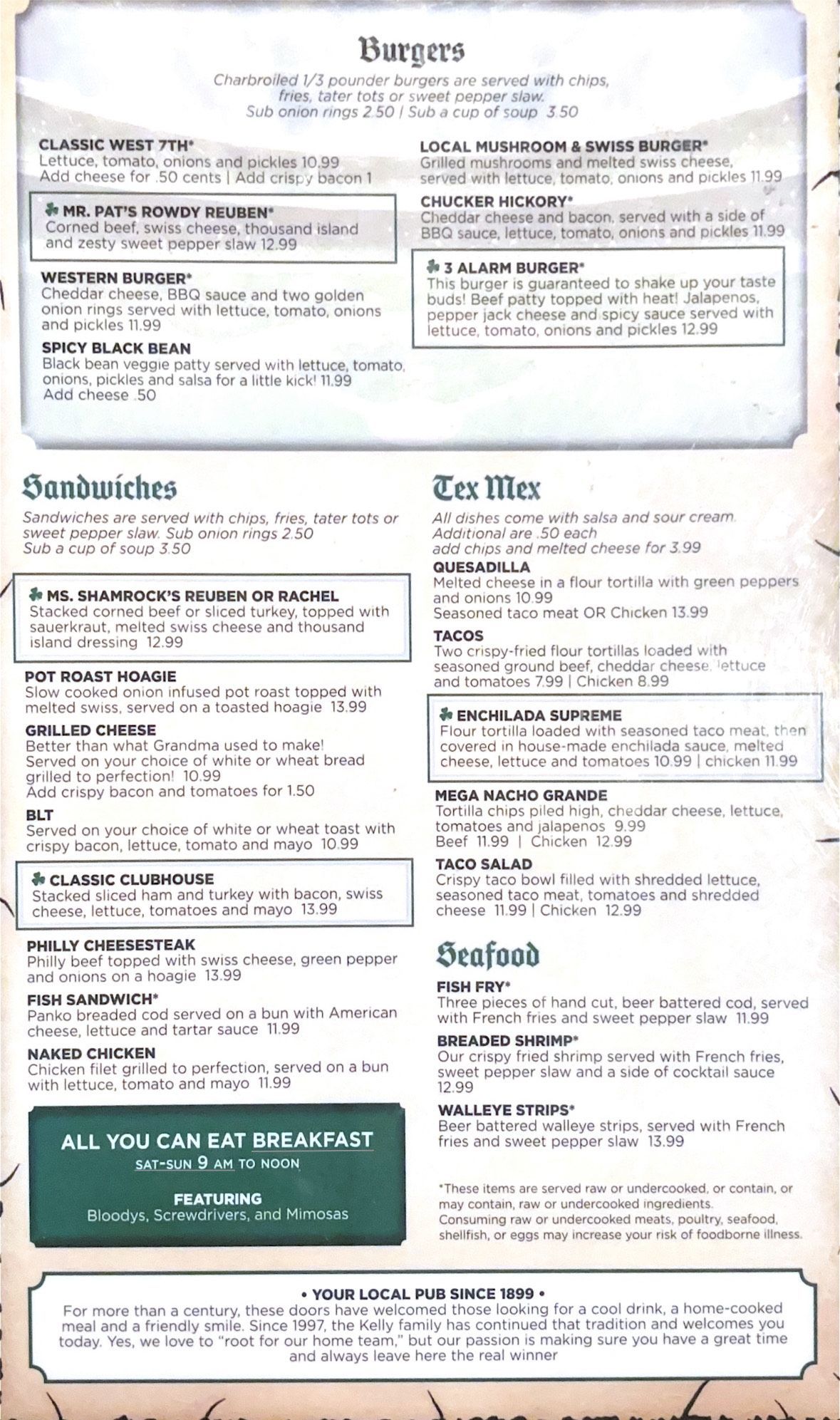 Menu with burger, sandwich, and seafood options. Various prices listed.