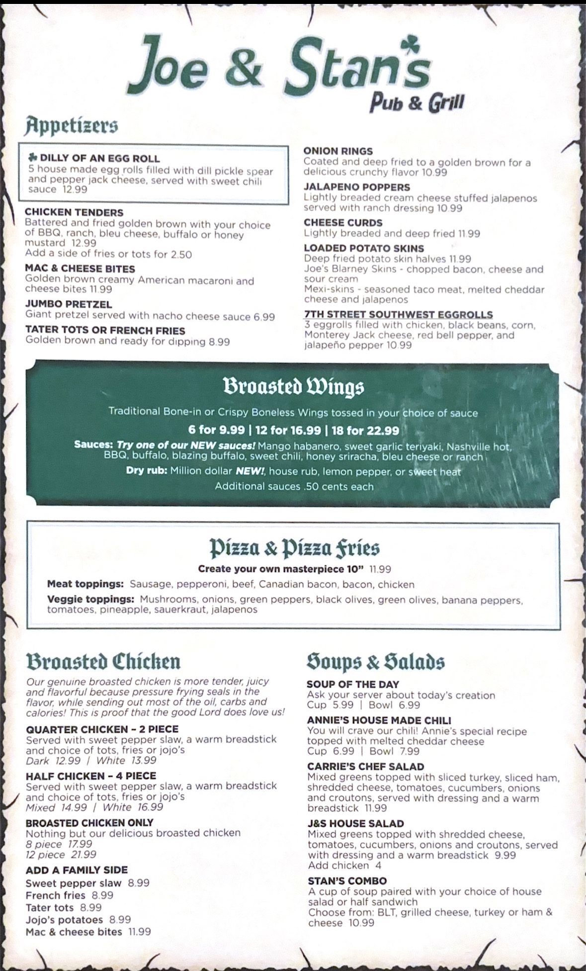 Menu for Joe & Stan's Pub & Grill, listing appetizers, wings, pizza, sandwiches, soups, and salads.