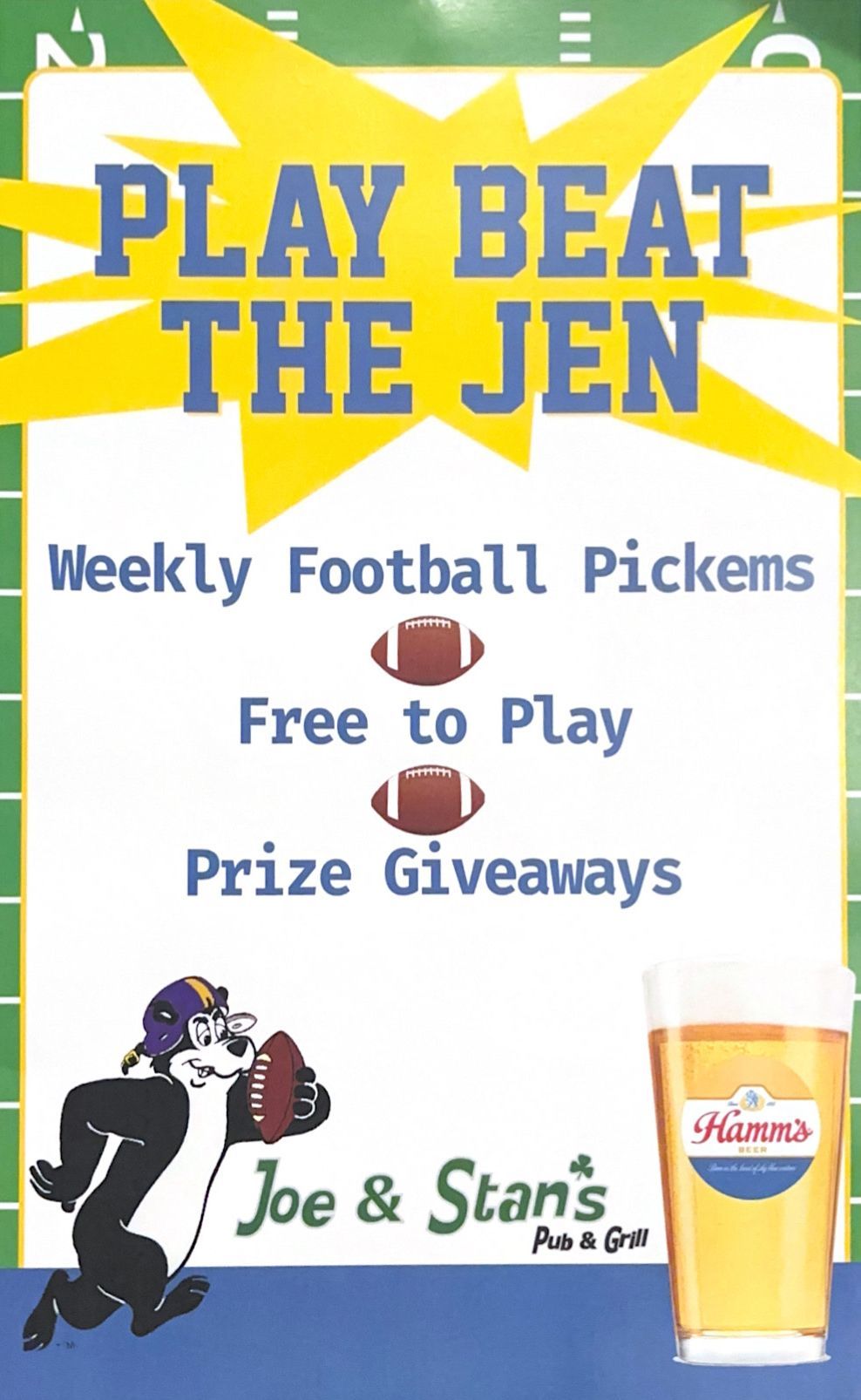 Poster: Play Beat The Jen for weekly football pickems. Free to play with prize giveaways at Joe & Stan's pub.