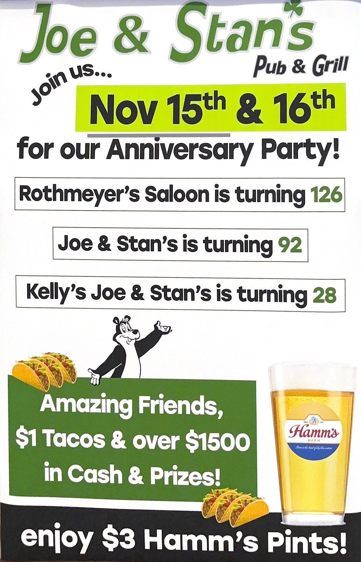 Anniversary party flyer for Joe & Stan's Pub & Grill.