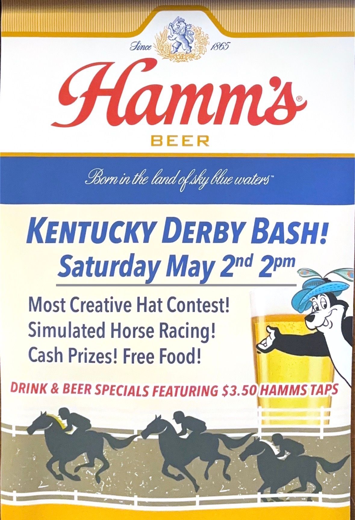 A Hamm's Beer flyer for a Kentucky Derby Bash on Saturday, May 2nd at 2pm, featuring contests, food, and drink specials.