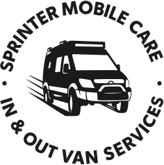 Logo for Sprinter Mobile Care & In Out Van Services with black van illustration on white background