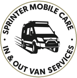 Black van logo for Sprinter Mobile Care and In & Out Van Services