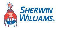 Sherwin Williams logo: Paint can pouring red paint over the Earth, with the brand name in blue.