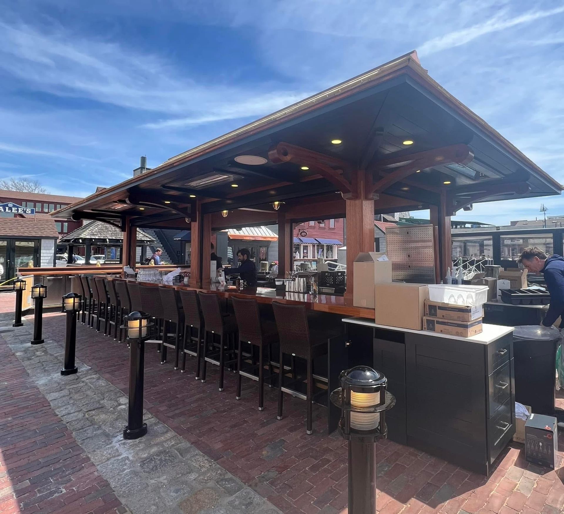 Outdoor bar with a wooden canopy