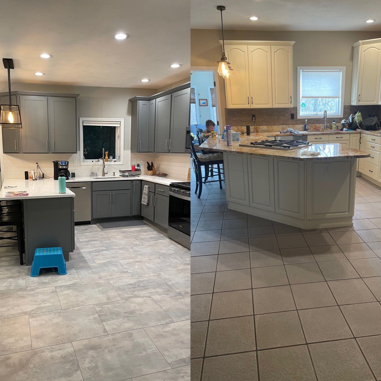 Two pictures of a kitchen before and after being remodeled