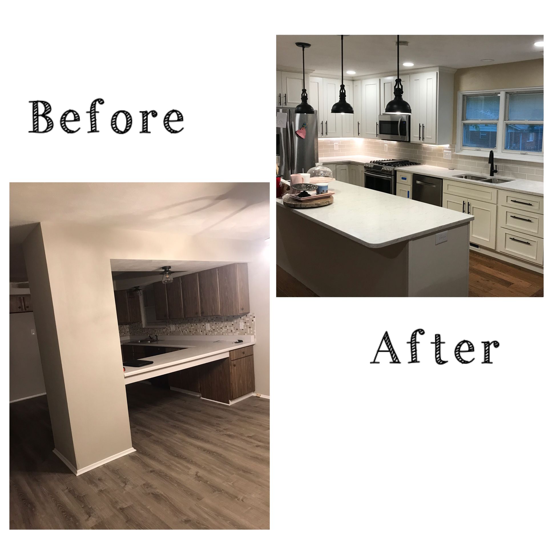 A before and after photo of a kitchen with white cabinets and stainless steel appliances.