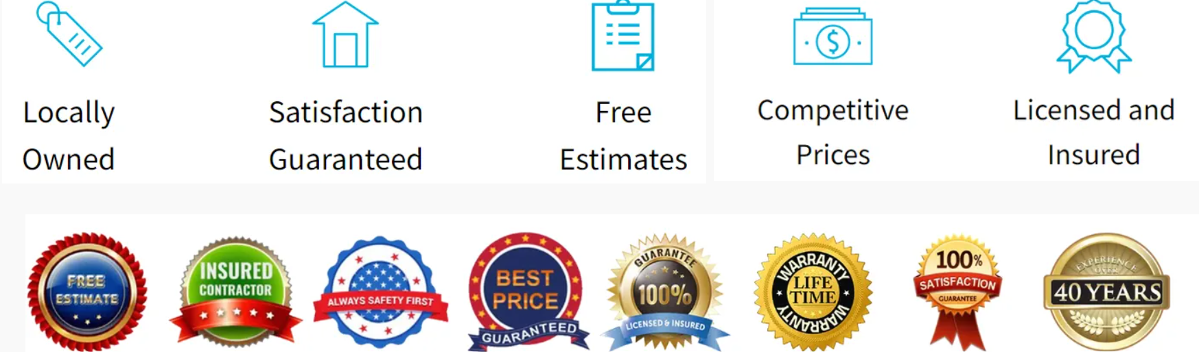 Icons with text about a business's values, followed by assurance badges.