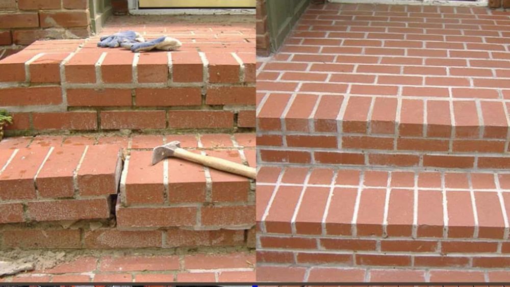 Brick steps before and after repair, showing damage on left and restored surface on right.