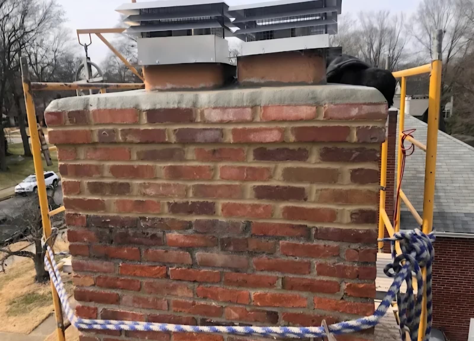 Brick chimney with metal caps, scaffolding, and rope on rooftop.