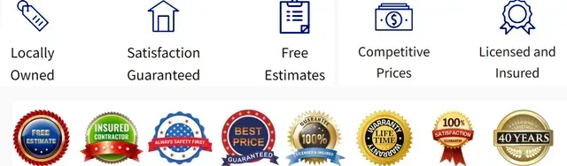 Icons and badges promoting local businesses with guarantees, estimates, and prices.