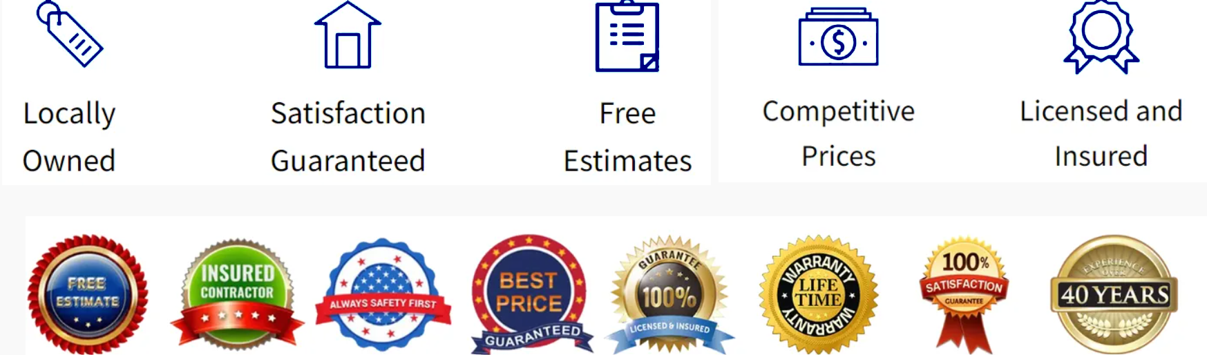 Icons and badges promoting local businesses with guarantees, estimates, and prices.