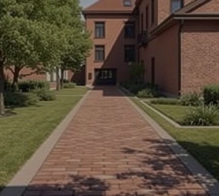 Brick walkway between grass lawns leading to a red-brick building entrance