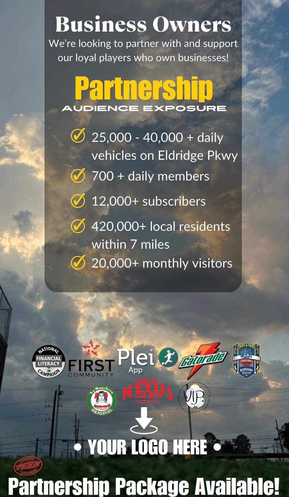 Advertisement for business partnership. Shows partnership benefits: audience exposure via high traffic, daily members, subscribers, local residents, and visitors, with logos of current partners at the bottom.