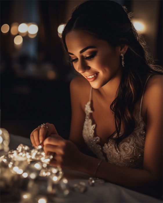 Woman in a white dress smiles while looking at illuminated lights on a table. Dim setting with bokeh.