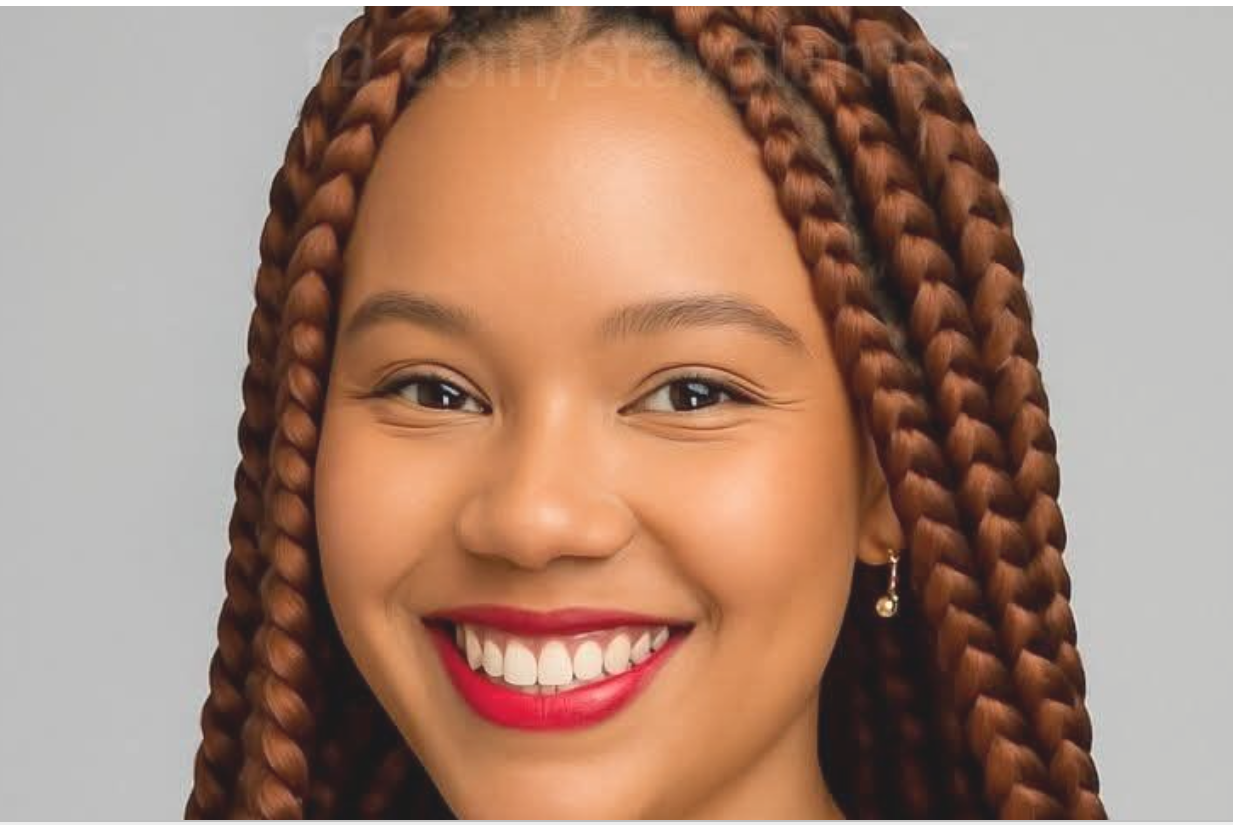 Person with brown braided hair smiles, wearing red lipstick, against a light gray background.