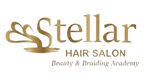 Gold logo: "Stellar" above "Hair Salon" and "Beauty & Braiding Academy" with an abstract design element.