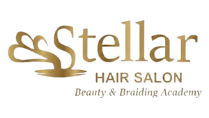Gold logo: "Stellar" above "Hair Salon" and "Beauty & Braiding Academy" with an abstract design element.