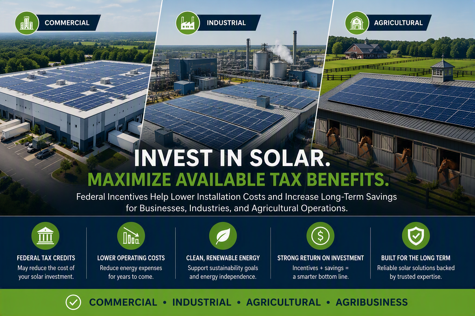 Solar panels on commercial rooftops with city skyline and green fields, promoting solar investment and tax benefits