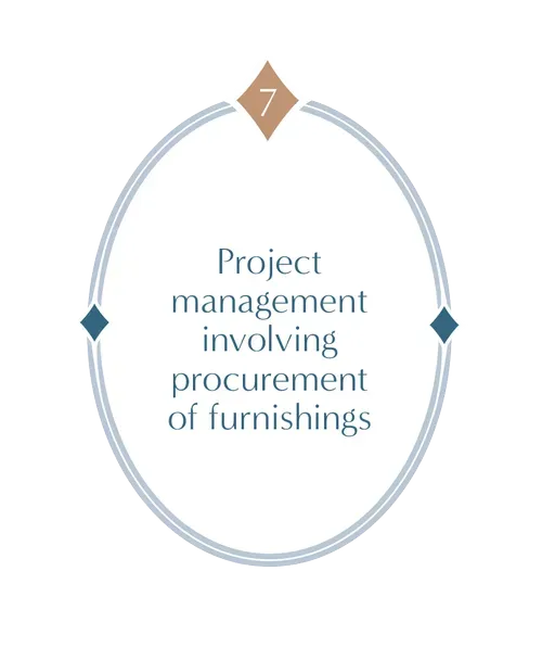 Project management involving procurement of furnishings in a blue oval diagram with a gold “7” marker