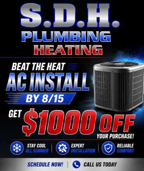 S.D.H. Plumbing Heating ad for AC install by 8/15, get $1000 off purchase, with outdoor unit image.