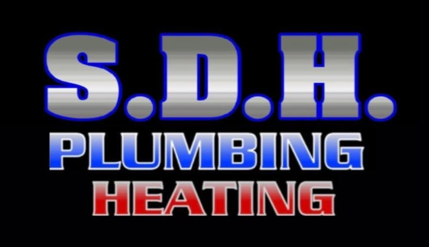 S.D.H Plumbing & Heating logo in gray letters with a drop shadow effect on a white background.