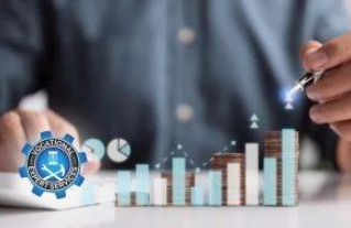 A person points a pen at a stack of coins and a digital bar graph with upward-trending arrows.