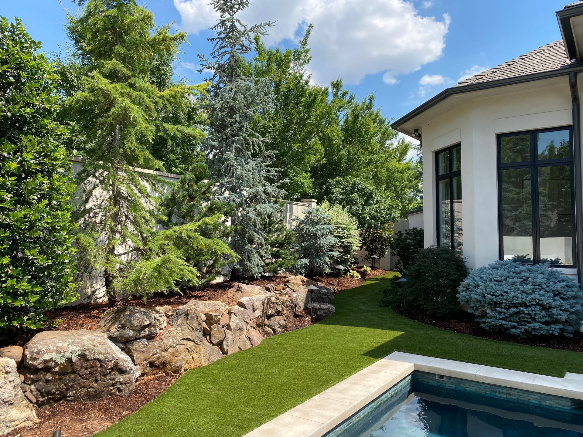 Backyard landscaping with a pool, stone retaining wall, and various evergreen trees.