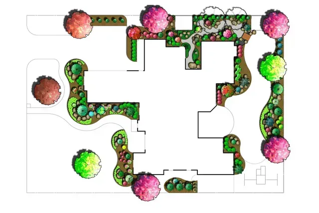 Overhead landscape plan with trees and planting beds in various colors.