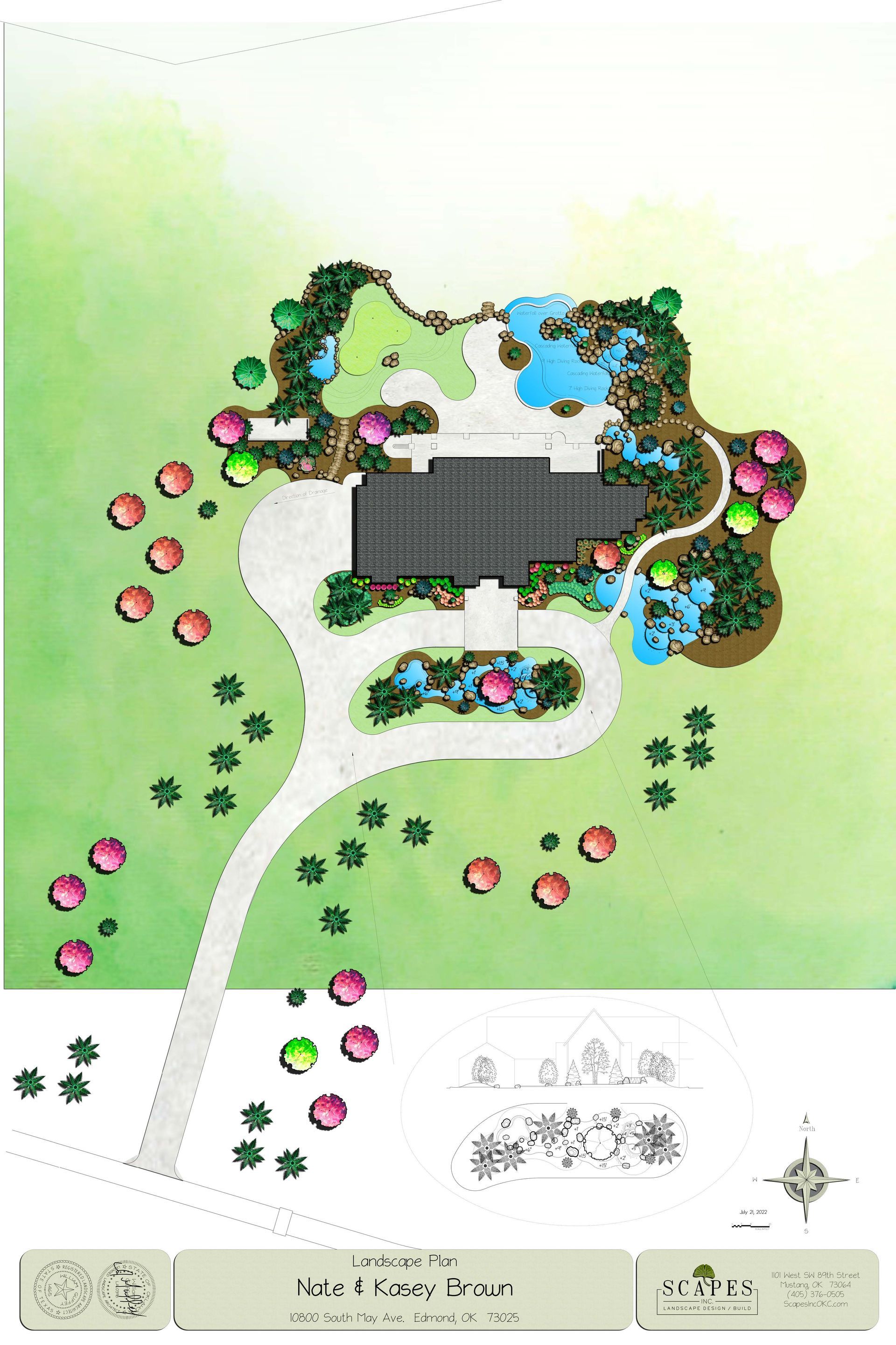 Top-down landscape plan of a house with a driveway, trees, and ponds. Includes color-coded landscaping.