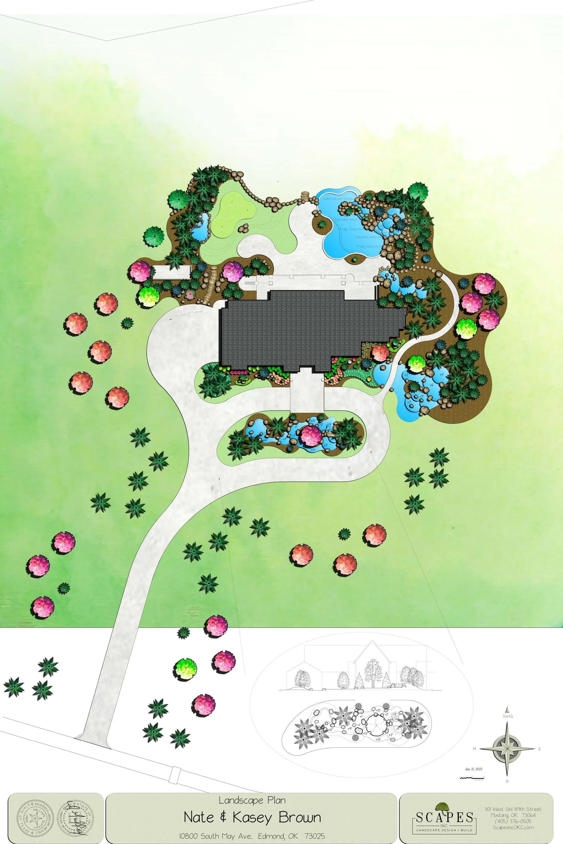 Top-down landscape plan of a house with a driveway, trees, and ponds. Includes color-coded landscaping.