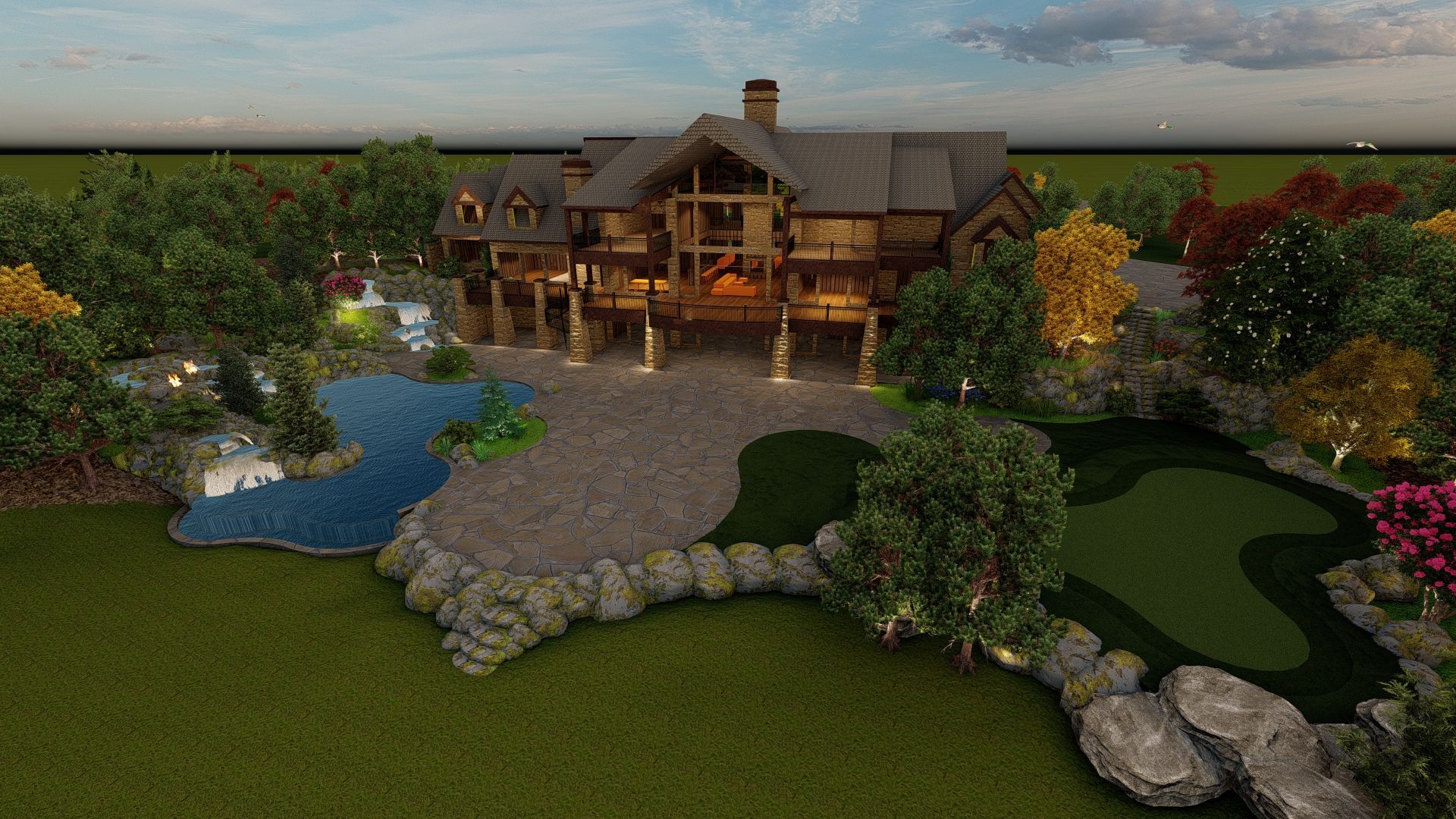 Luxurious cabin with pond, putting green, and lush landscaping in a forested setting.