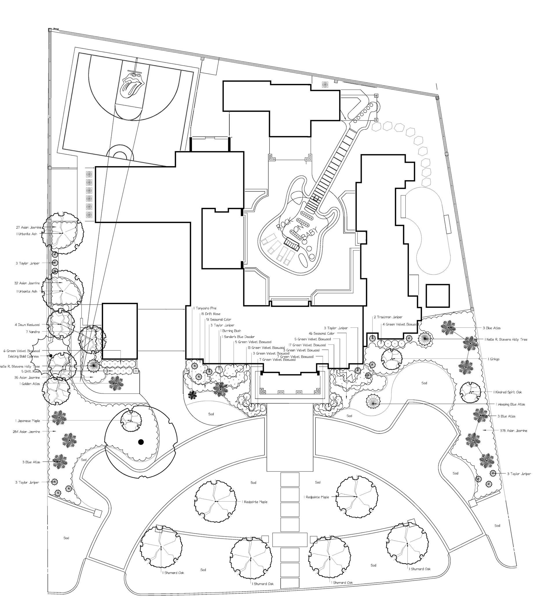 Architectural site plan shows building layout, pathways, landscaping.
