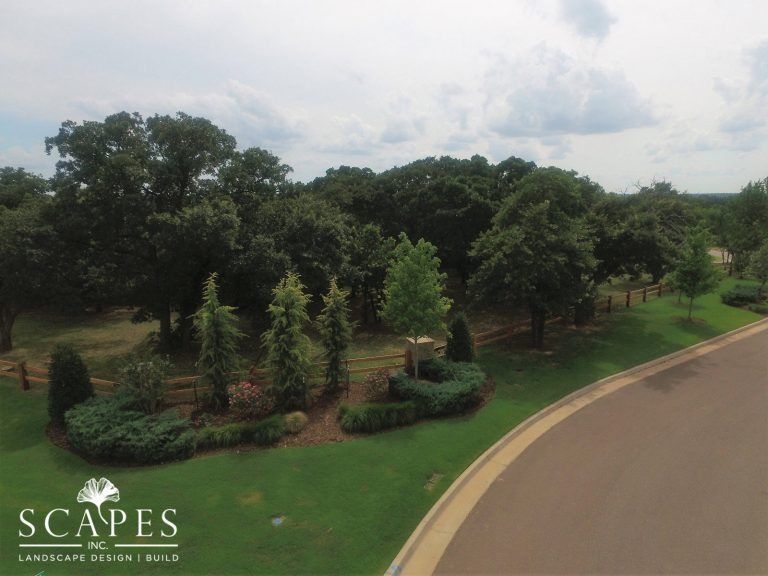 An aerial view of a landscaped yard with various trees and shrubs near a curved road with a cloudy sky in the background.