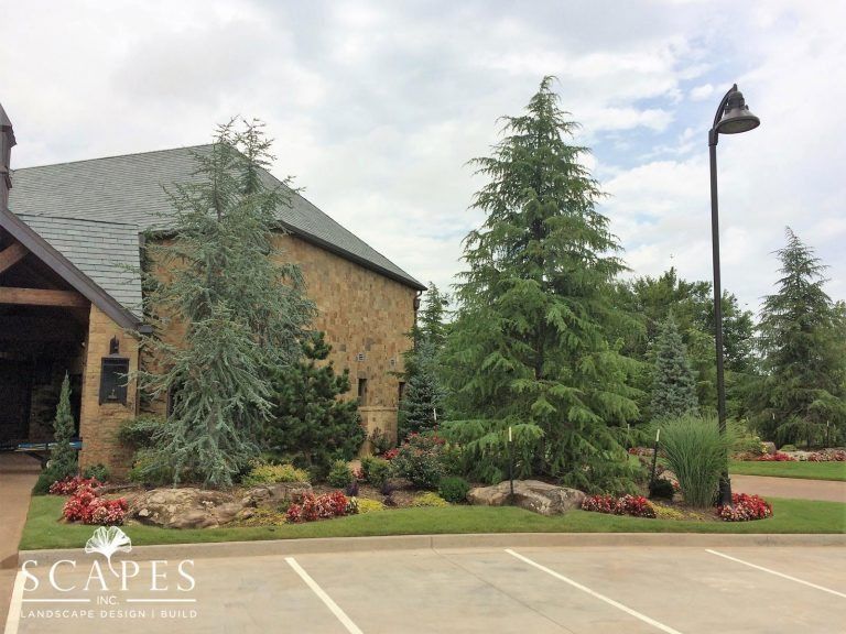 Building with landscaping featuring various green trees, colorful flowers, and a streetlight in a parking lot.